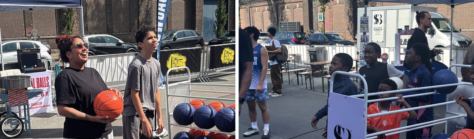 Teamlid met een basketbal bij het ballenrek en bezoekers bij de verkoopstand met festivaldeals