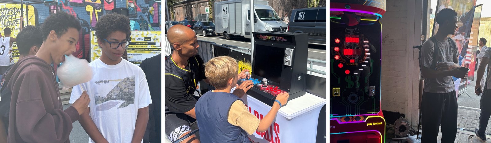 Het festivalprogramma, de Retro arcade machine en de combo boxer van Showcase Basketball