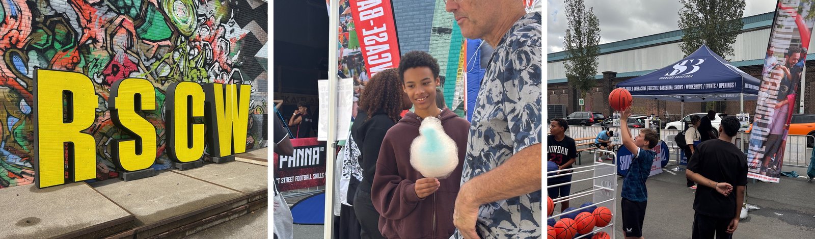 RSCW-letters, een bezoeker met suikerspin en een jongen die schiet bij de stand van Showcase Basketball