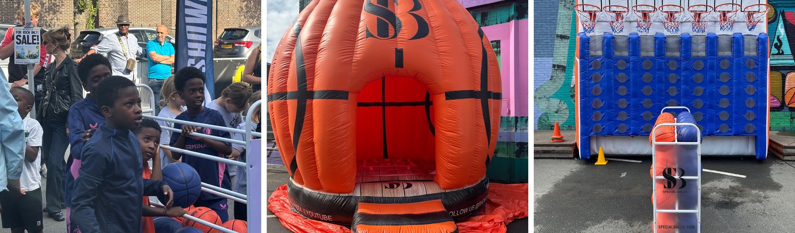 Bordje met de festivaldeal, de opgezette Super Bouncer en 4 op een rij klaar voor gebruik