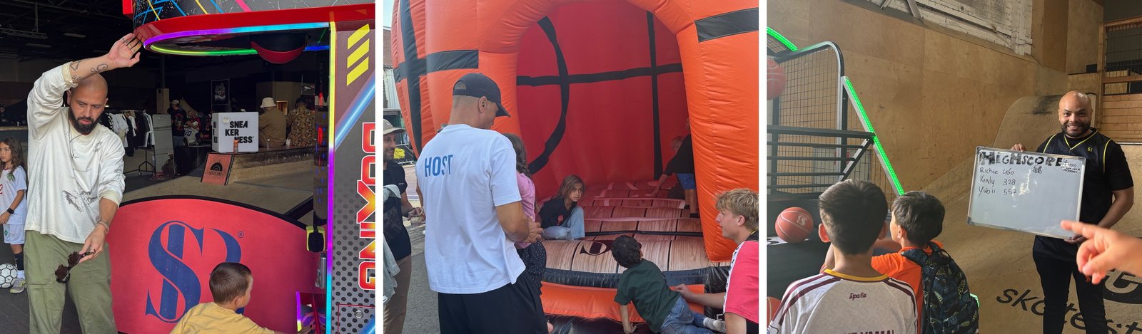 De boksmachine, de ingang van de Super Bouncer en het highscorebord bij de basketball arcade
